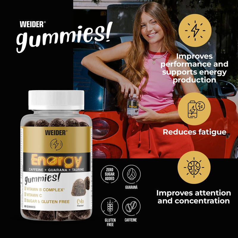 Weider Energy Caffeine Gummies (80 Gums) Cola Flavour. Caffeine Gummies with Guarana, Taurine, Vitamin B and C. Sugar Free. Allergen Free. (10 Servings) ENERGY CAFFEINE 80 GUMS