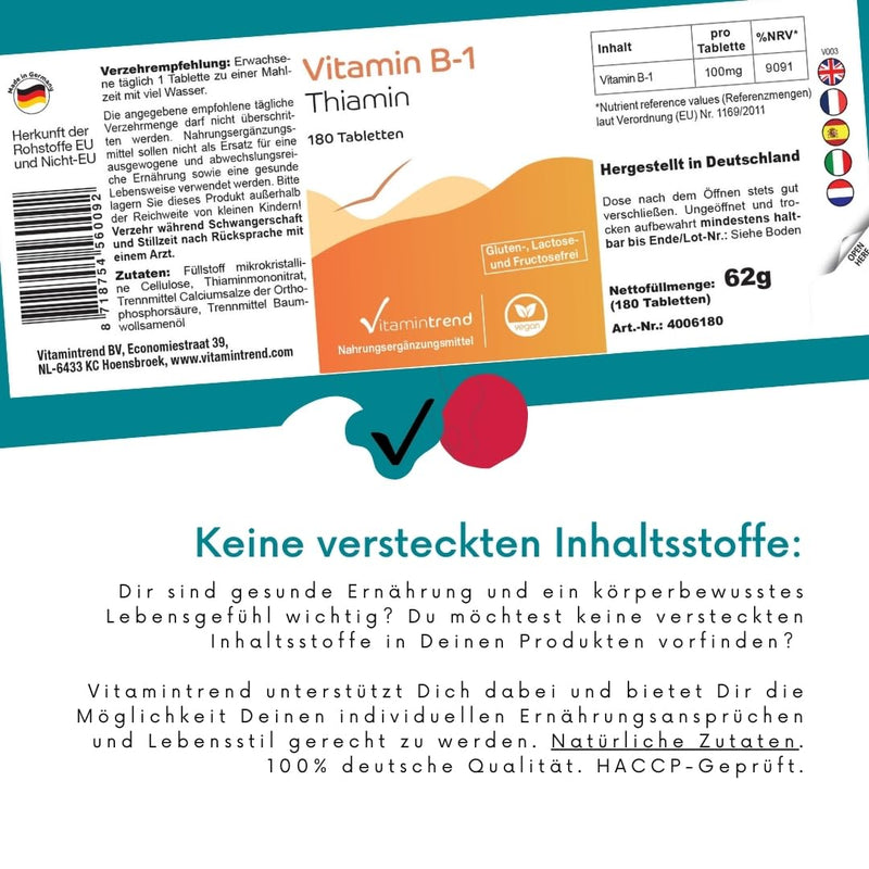 [Australia] - Vitamin B1 (thiamine) 100mg -180 vegan tablets! 6 MONTH SUPPLY! High dosage | Vitamintrend® 