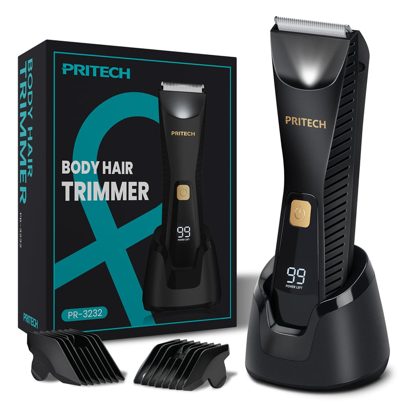 PRITECH Pubic Hair Trimmer for Men - Waterproof Body Hair Trimmer, Ceramic Blade Body Shavers for Men with USB-C Charging, Wet & Dry Use & Nick-Free Design, Balls & Sensitive Skin Safe (Black)