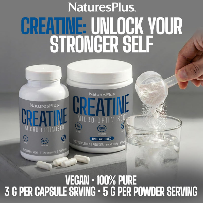 NaturesPlus Creatine Micro-Optimised Powder - 100% Pure Creatine Monohydrate Powder for Peak Performance Everyday - Unflavoured, Vegan, Gluten Free, 330 g Powder