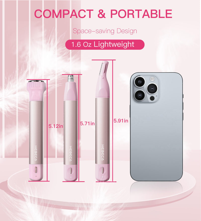 Nose Hair Trimmer for Women 3in1 Facial Hair Removal Trimmer - Metal Body, Rechargeable, Waterproof, Portable - Nose, Ear, Eyebrow, Peach-Fuzz, Lips, Chin (Pink) Pink