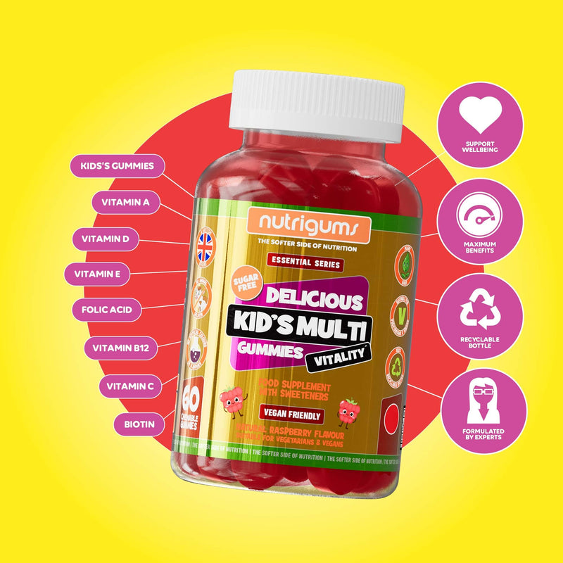 Kids Multi Vitality Sugar Free Gummy | Multivitamin for Bones, Teeth, Immunity, Energy & Cognitive Function | Strawberry Flavour | 60 Vegan Gummies | Suitable for Kids Age 5+ by NUTRIGUMS®