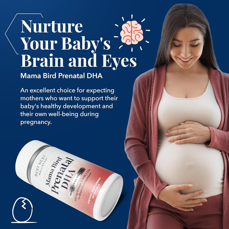 [Australia] - Best Nest Wellness Mama Bird Prenatal DHA Vitamin, Prenatal Omega 3 DHA Supplements, Supports Baby's Brain & Eye Development, 500 mg Triglyceride Fish Oil, Easy to Swallow Lemon Flavor Softgels, 60 Ct Fish Oil DHA 