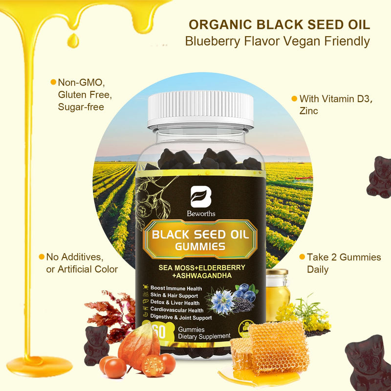 [Australia] - Black Seed Oil & Sea Moss Gummies, Organic Irish Sea Moss Gummies with Ashwagandha, Black Seed Oil, Elderberry, Turmeric, Vitamin D3/C and Zinc - Support Joints, Digestion, Hair & Skin 60 Count (Pack of 1) 
