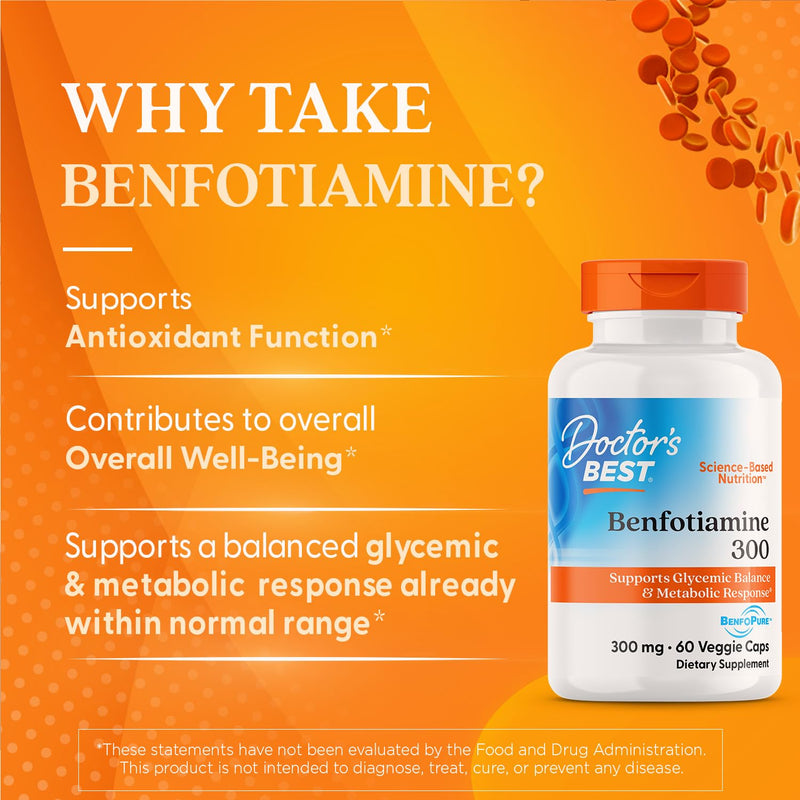 Doctor's Best Benfotiamine 300mg Supplement - Bioavailable Vitamin B1 for Men & Women, Benfotiamine B1 Capsules, Supports Nerve & Metabolic Health, Antioxidant Support, Non GMO, Vegan - 60 Veggie Caps 60 Count (Pack of 1)
