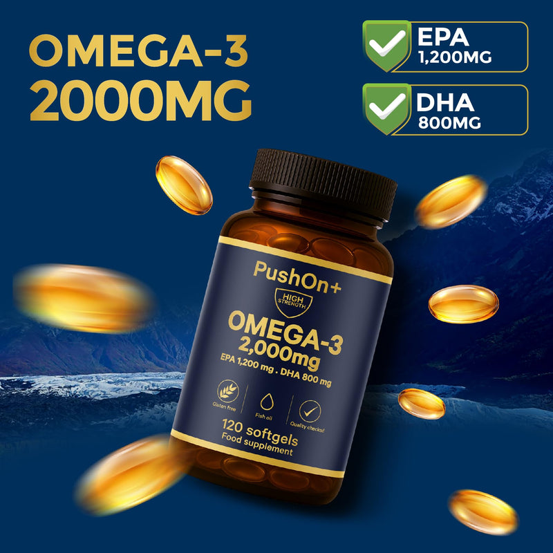 PushOn+ Omega-3 2000 mg Fish Oil Capsules – 120 Softgels – EPA 1200 mg & DHA 800 mg per Daily Serving – Food Supplement – 2 Months Supply