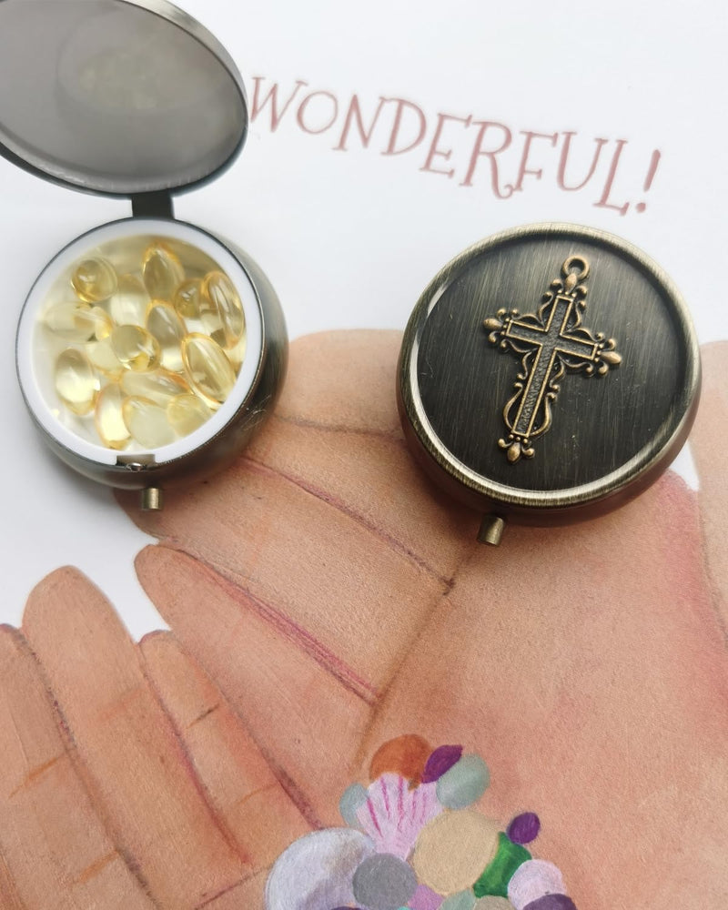 Portable Travel Pill Organizer - Gift Box Package Pill Case, Bronze Decorative Metal Medicine Box Pill Holder, Small Pocket Pill Case for Purse, Storage Vitamin Or Medicine, Pill Dispenser