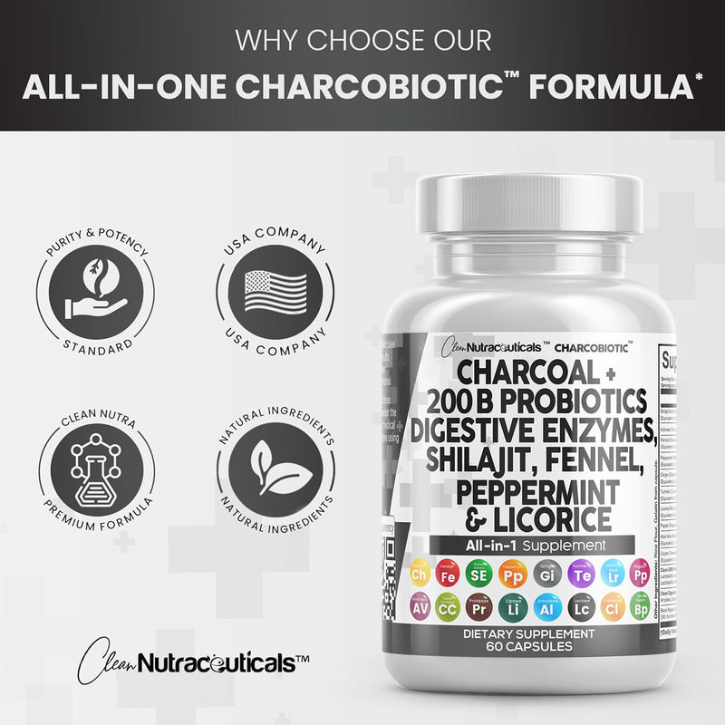 [Australia] - Clean Nutra Activated Charcoal Capsules Shilajit 5000mg Pills Probiotic 200 Billion + Digestive Enzymes for Digestive Health with Peppermint Fennel Licorice Papain Ginger Turmeric | Gut Health 