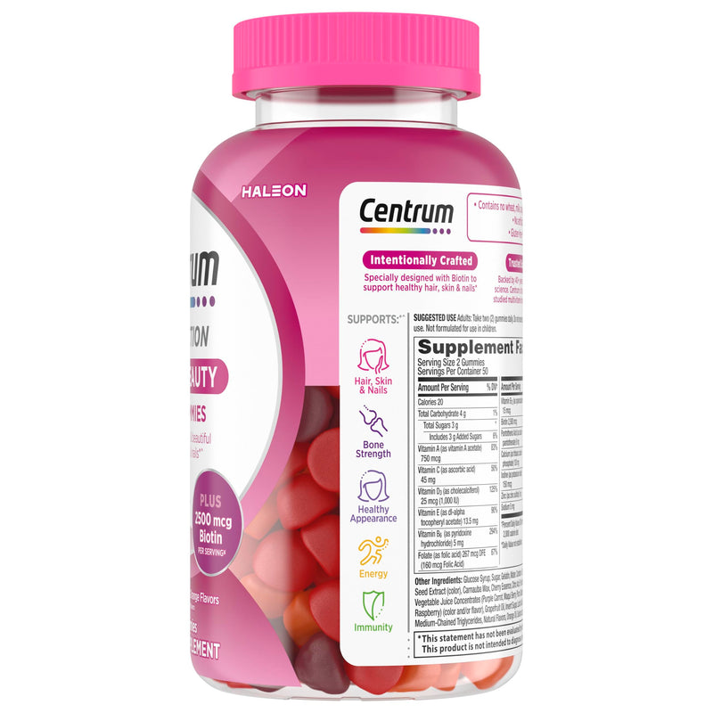 Centrum Multivitamin Gummy, 100 Count (Pack of 1) | Beauty Dual Action Multivitamin, Specially Designed with Biotin for Healthy Hair, Skin and Nails, GLP-1 Support 100 Count (Pack of 1)