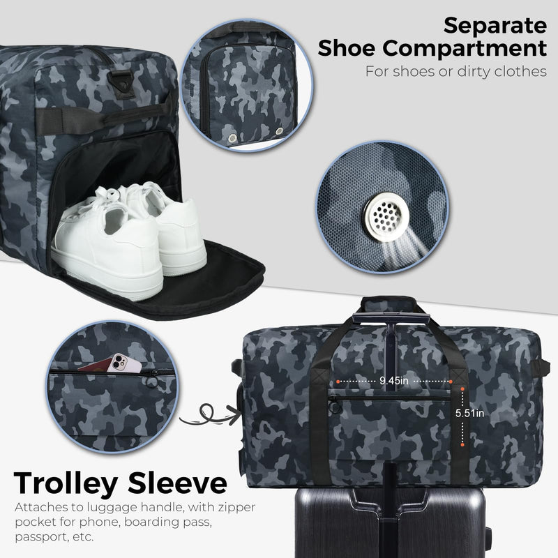 65L Duffle Bag Foldable Travel Duffel Bags for Men Women Travel Bag | Shoes Compartment, 65L Large Capacity, Foldable, Packable, Water Repellent, Tear Resistant, for Traveling Gym Overnight Camp Glossy BlackCamo