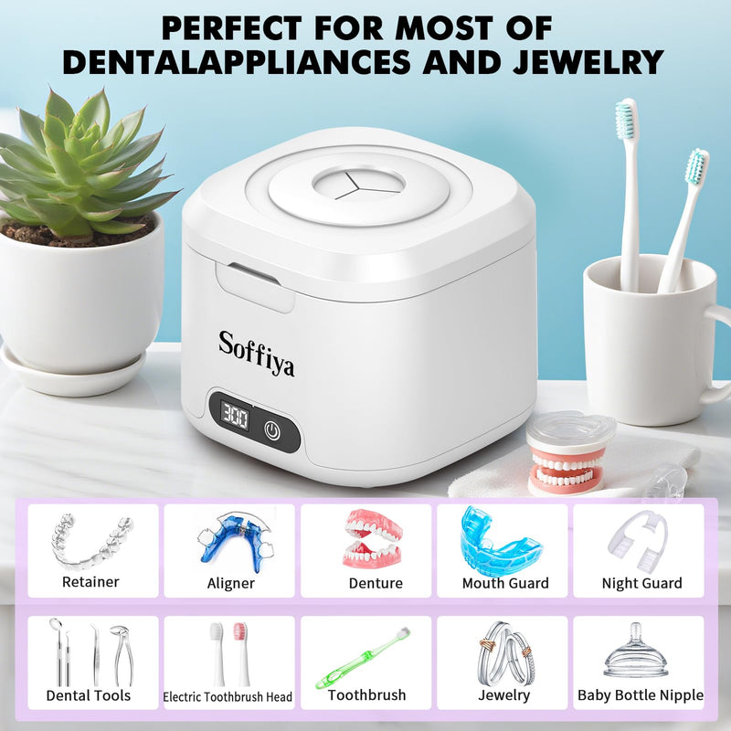 [Australia] - Dental Ultrasonic Retainer Cleaner Machine: Soffiya 49kHz Denture Cleaner with 350ML for Cleaning Dentures, Mouth Guards, Aligner, Braces, Toothbrush Head & Jewelry - UV Cleaner with 4 Digital Timers 