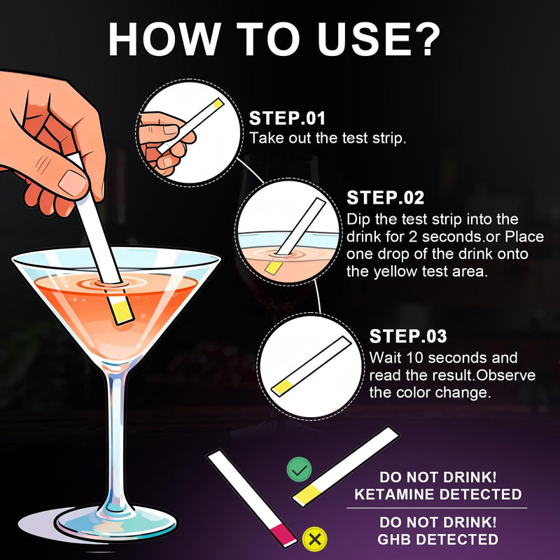 Drink Spike Test Strips - 50 Strips, GHB and Ketamine Detector, Ensures Drink Safety, 10-Second Results.Beverage, Wine, Cocktail, Beer, Juice, Water etc Black