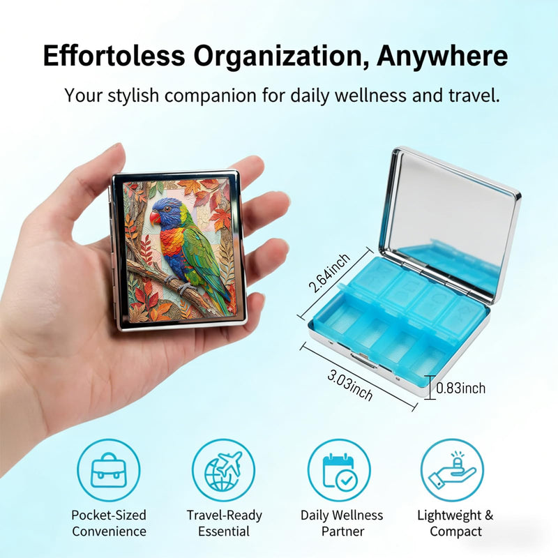 Metal 7 Day Pill Organizer, Cute Small Weekly Pill Case with 8 Compartments for Travel, Moisture-Proof Medicine Holder for Purse, Compact Daily Vitamin Box (Autumn Parrot) Autumn Parrot