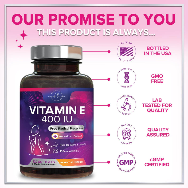 Vitamin E - 180 mg per Serving - Powerful Hair & Skin Support Supplement - dl-Alpha VitaminE Immune Health Support with Antioxidants - Easily Absorbed GMO & Gluten Free, Bottled in USA - 120 Softgels 120 Count (Pack of 1)