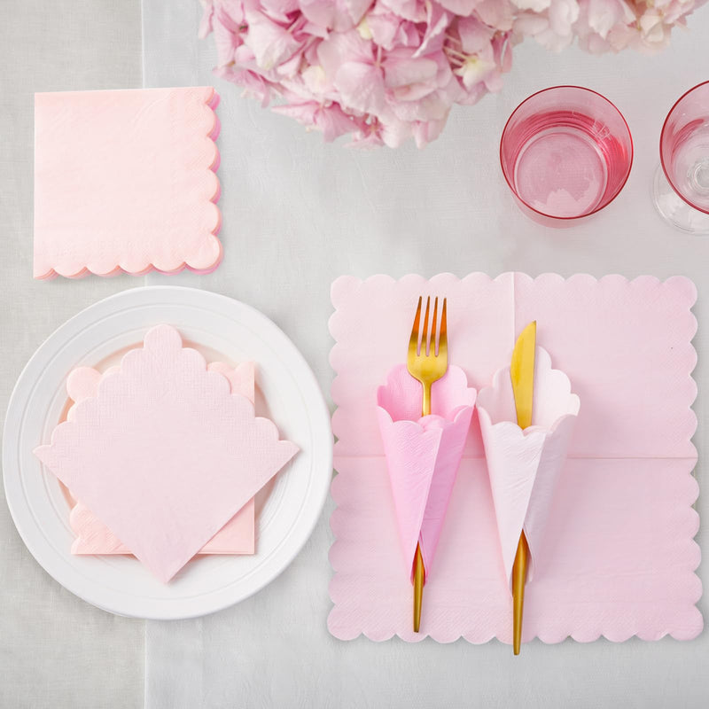 [Australia] - 100 Pink Scalloped Cocktail Napkins, 3 Ply 5 x 5 Inch Beverage Napkins Gradient Color Paper Napkins Disposable Luncheon Napkins for Wedding Birthday Party Bridal Anniversary Baby Shower 