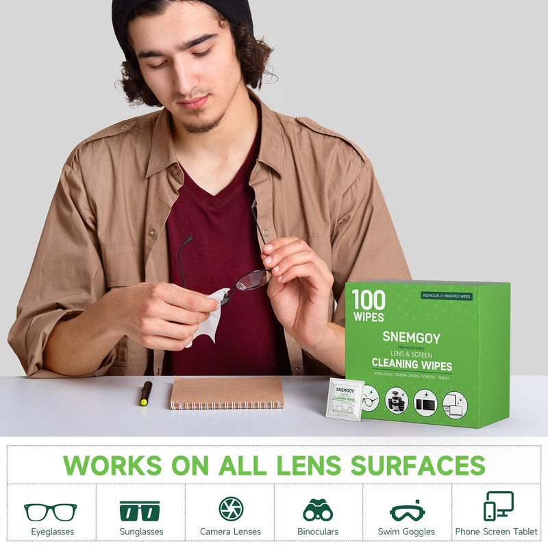 [Australia] - 100 Count Lens Cleaning Wipes, Pre-Moistened & Individually Wrapped Glasses Wipes, Eye Glasses Cleaner for Eyeglasses, Camera Lens, Phone, Tablets & Computer Screen and Other Delicate Surfaces 100 Count (Pack of 1) 