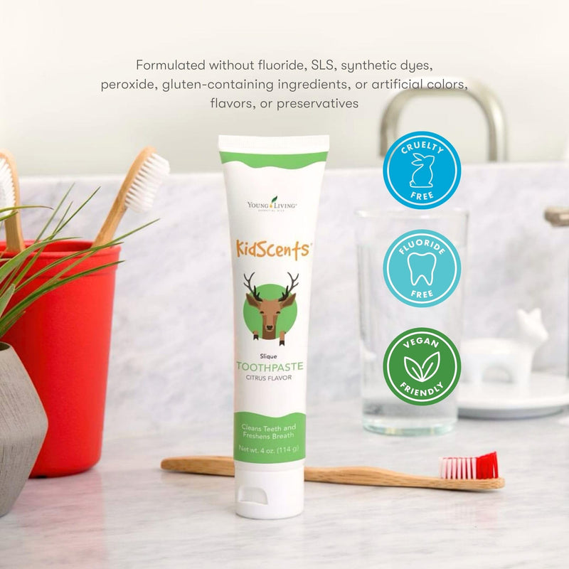 [Australia] - KidScents Slique Toothpaste by Young Living - 4 oz Tube - Gentle Dental Care for Kids - Premium Essential Oils - Citrus-Mint Flavor - Fights Plaque Removes Buildup and Stains - Fluoride and SLS Free 