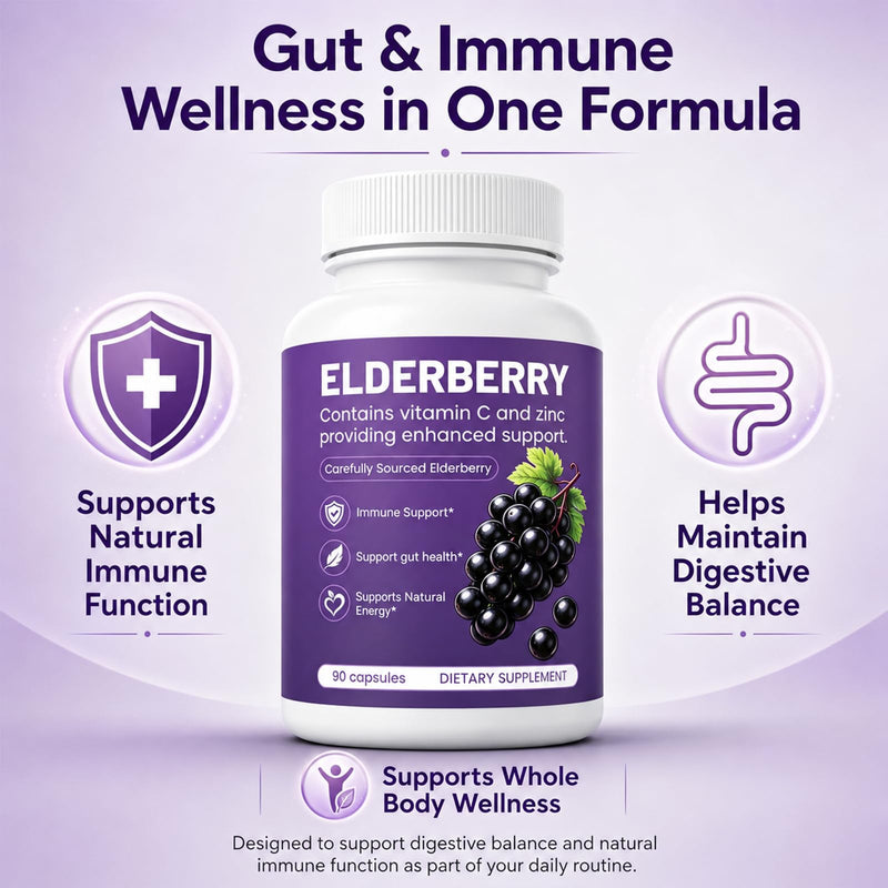 Elvera Elderberry Gut Support with 1200mg Elderberry Extract, Vitamin C and Zinc | Daily Immune & Digestive Balance for Everyday Wellness & Healthy Metabolism 90 Capsules