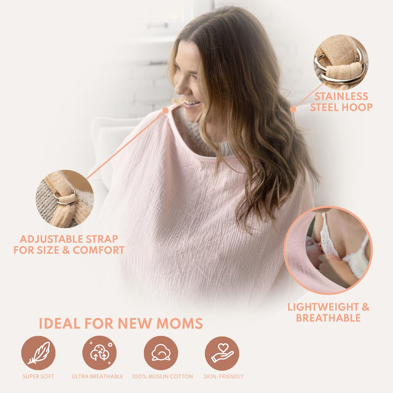 [Australia] - Muslin Nursing cover for breastfeeding mom with Adjustable hoop for hand free | breathable nursing cover up | 100% muslin cotton light weight breastfeeding cover wrap shawl scarf (peach) creamy peach 