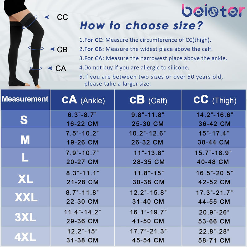 [Australia] - beister 15-20 mmHg Medical Compression Stockings for Men and Women, Open Toe Long Compression Socks with Silicone Band, Class 1 Thigh Support Stockings for Varicose Veins, Edema, DVT, Flight Black XXL 