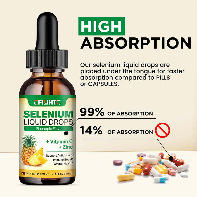 [Australia] - Selenium Liquid Drops, 200mcg Liquid Selenium Supplement with Vitamin C & Zinc, Support for Immune System, Antioxidant & Heart Health, High Absorption, Pineapple Flavor, 2 Fl Oz Pineapple-200mcg Selenium 2 Fl Oz (Pack of 1) 