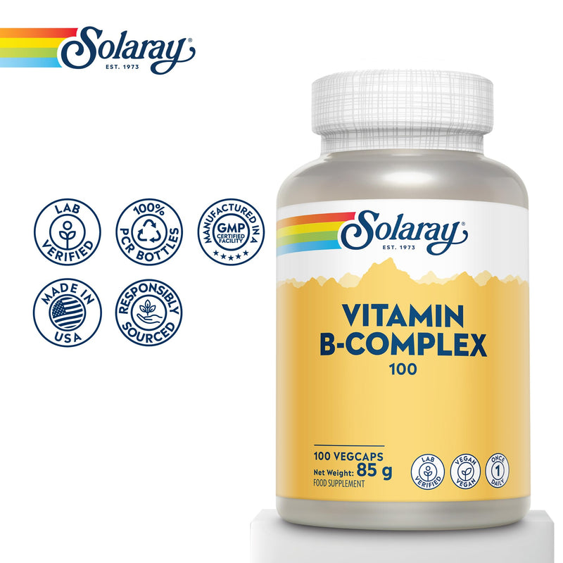 Solaray Vitamin B Complex "100" Super Strength - 100 Vegan Capsules - 3+ Month Supply - High Potency Vitamin B1, B2, B3, B5, B6, B7, B9 & B12 - Lab Verified