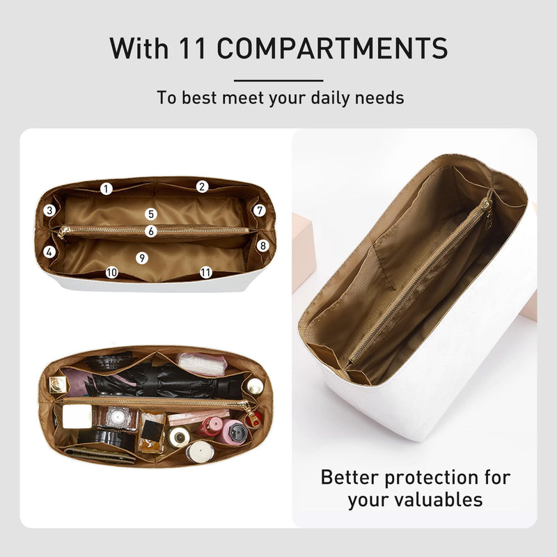 Tyvek Purse Organizer Insert for LV Speedy 30 Bag, White Brown | Speedy 30 Insert, Waterproof Lightweight Monogram Bag Insert, YKK Zipper, 11 Pockets Storage, Cup Holder, Handbag Protector White&Brown