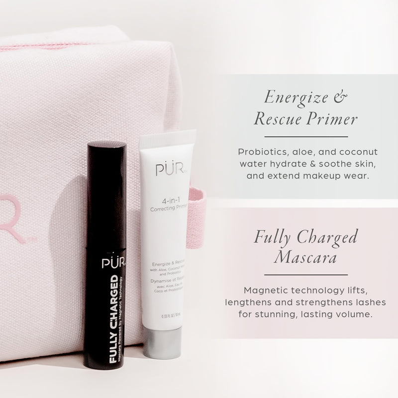 [Australia] - PÜR Minerals Multitasking Essentials Kit - Makeup Gift Set Includes 4-in-1 Correcting Primer, Fully Charged Mascara, 4-in-1 Pressed Mineral Powder & 1 Chisel Brush MN5/Golden Medium 
