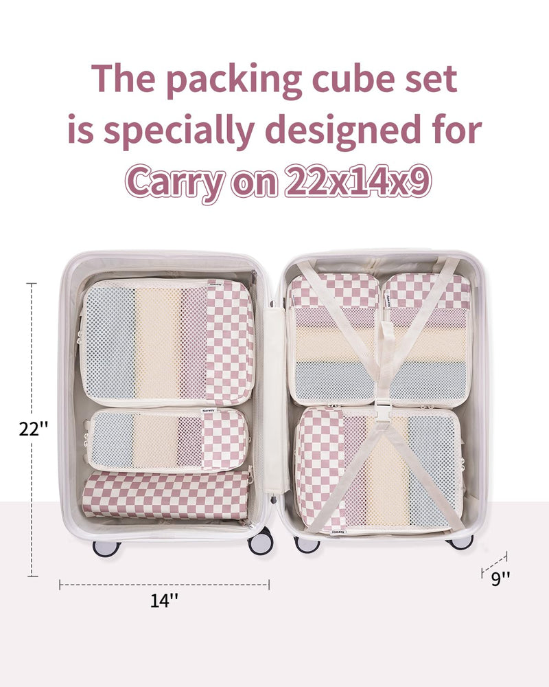 Narwey Small Checked Hanging Travel Toiletry Bag with 6 Set Compression Checkered Packing Cubes