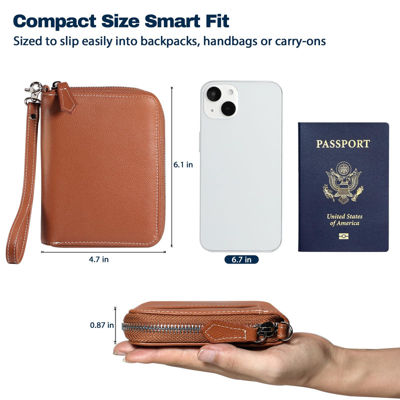 Genuine Leather RFID Passport Zip Wallet with Hidden Tracker Slot, Brown | Dual Passport Travel Wallet-Document Organizer with Wrist Strap