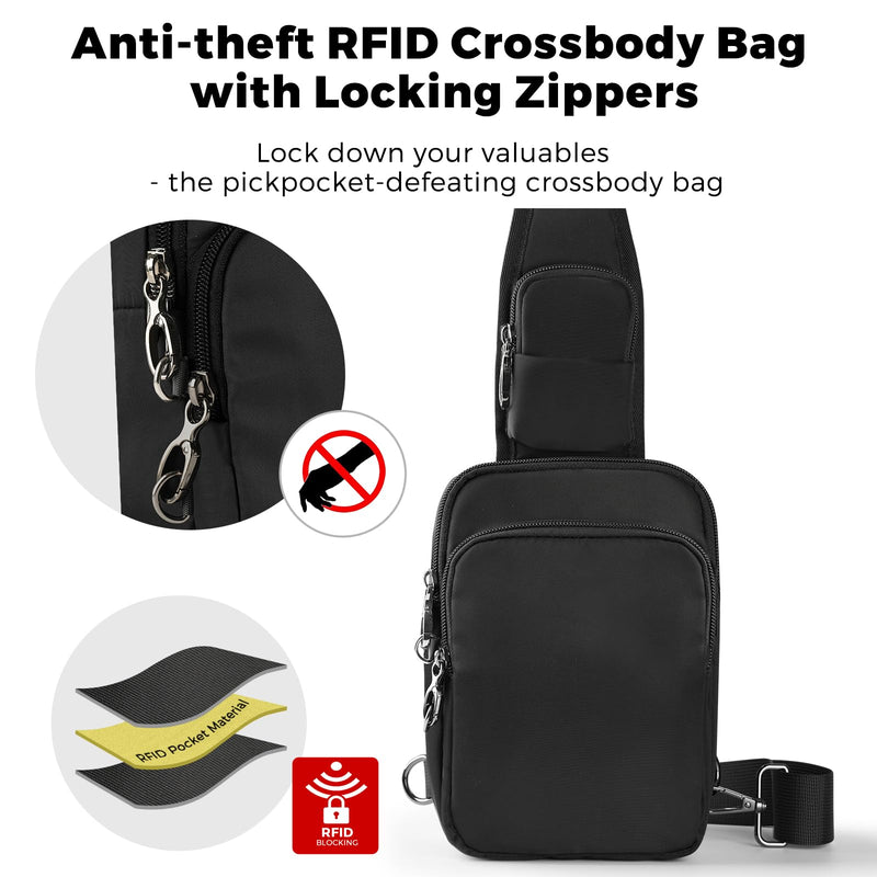 Sling Bag, Crossbody Bag with Zipper Lock, RFID Blocking & Water Resistant for Men and Women Black