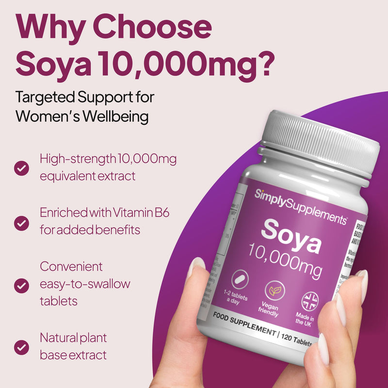 SOYA 10,000mg | Supports Hormonal Balance with Vitamin B6 | Potent Daily Formula | Vegan and Vegetarian Friendly | 120 Tablets = 2 Months' Supply | Manufactured in The UK Unflavoured 1 count (Pack of 120)