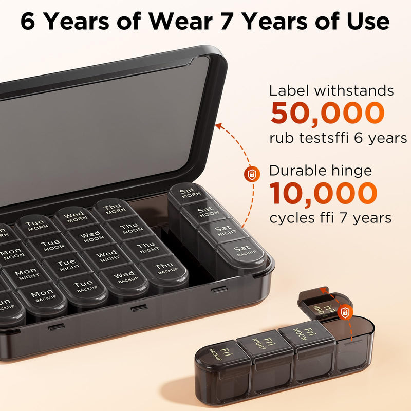 Daviky Pill Organizer 4 Times a Day - Easy-Open Travel Pill Box | Large Weekly Medicine Pill Organizer、Ultimate Durability — 6+7 Years、Travel Pill Box with Big Compartments Black