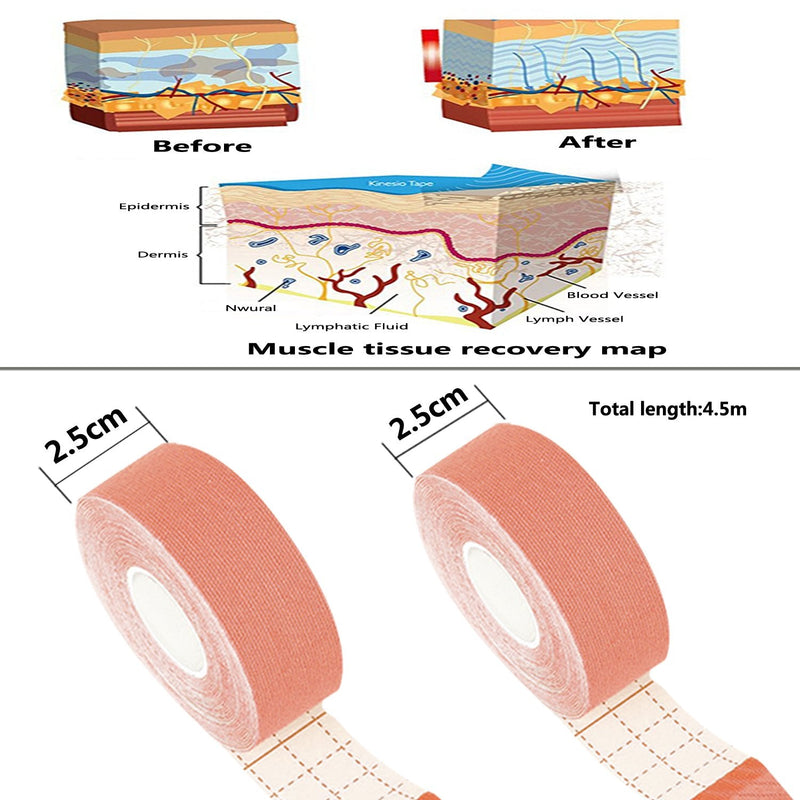 Kinesiology Recovery Therapeutic Tape, Waterproof Muscle Support for Athlete,Sports Injury Tape 1 inch x 16.4 ft / 2.5cm x 5m Beige 4 rolls
