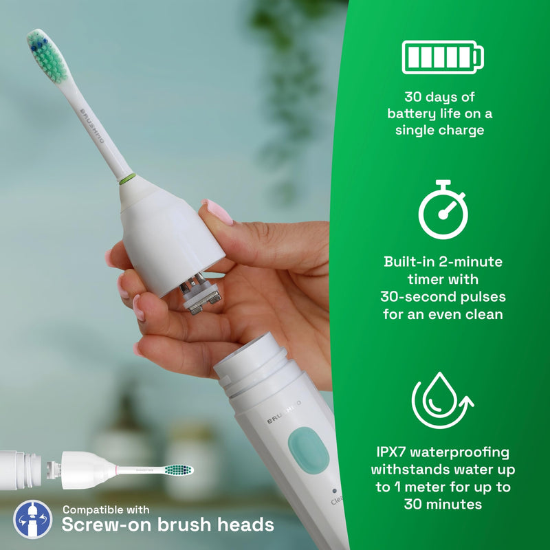[Australia] - Brushmo e-Series Electric Sonic Toothbrush - Rechargeable Screw-On Electronic Tooth Brush for Adults with 3 Modes & Timer - IPX7 Waterproof, Long-Lasting Battery & Wireless Charging Base - White Bm02 - White 1 Count (Pack of 1) 