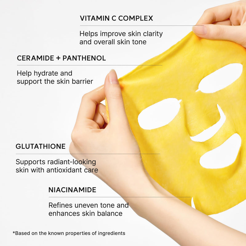 ARENCIA Vitamin C Booster Sheet Mask, Hydrating Face Mask with Glutathione & Niacinamide, Supports Even-Looking Skin Tone & Smooth Texture, 5 Sheets
