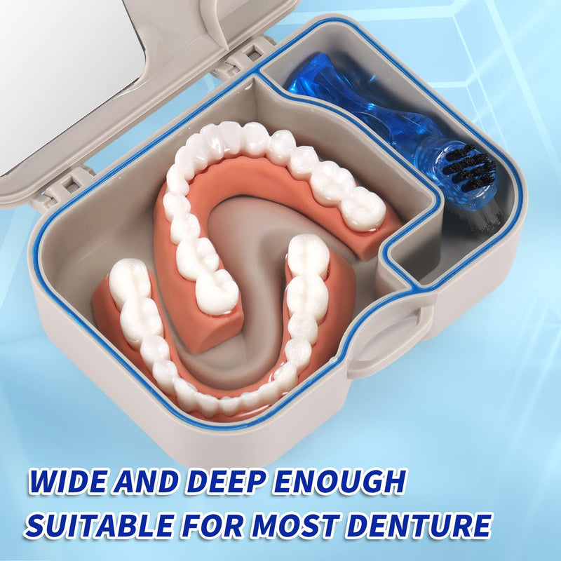 [Australia] - Annhua Denture Cup Bath Box Case with Mirror and Cleaning Brush, Denture Container with Brush Retainer Cleaning Case Mouth Guard Storage Soaking Cup Holder for Travel, Office, Household Use 