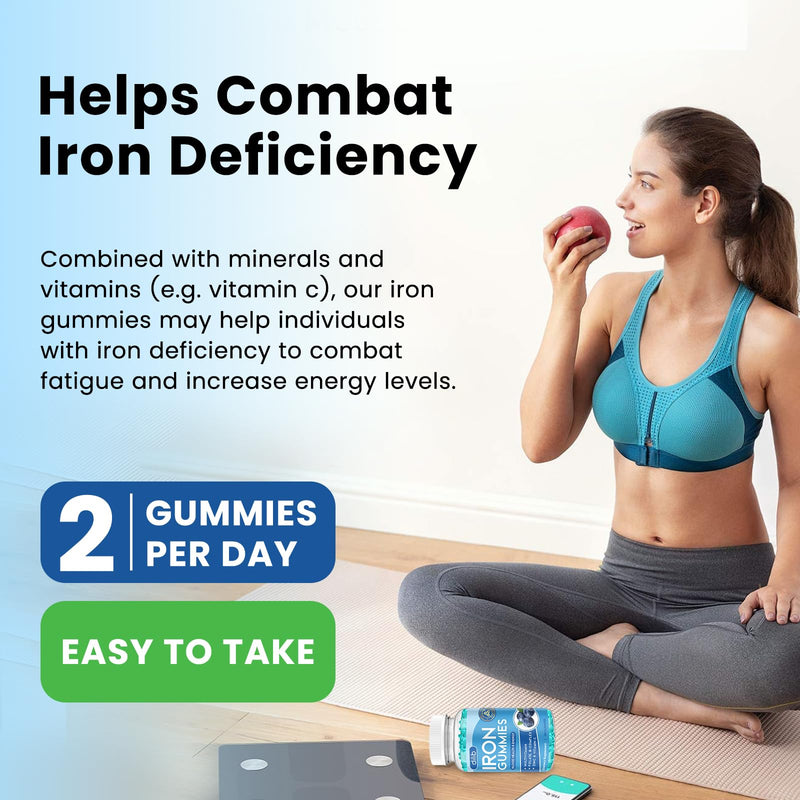 Iron Gummies with Multivitamin, Iron Supplement for Women & Men with Zinc, Vitamin B Complex & C, B12, Folate - Blood Builder & Energy Support for Adults & Kids - Blueberry Flavor, Vegan 60 Gummies 60 Count (Pack of 1)