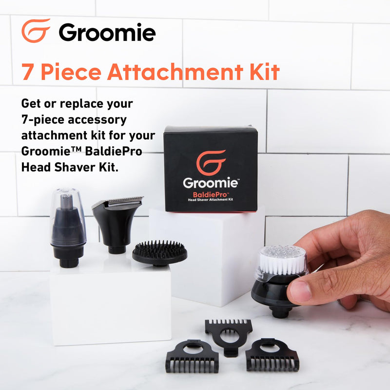 [Australia] - Groomie 7-Piece Men's Hair Clippers & Grooming Kit - Includes Precision Clipper, 3-5-7mm Clipper Guards, Ear & Nose Trimmers, Exfoliation Brush, and Pre-Shave Massager - Perfect for Beginners 