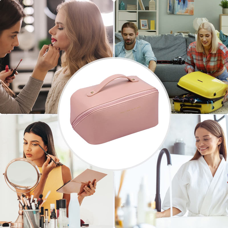 Toiletry Bag For Women Portable Make Up Bag Waterproof Wash Bag PU Leather Cosmetic Bag Bathroom Shower Bag Multifunctional Travel Organizer For Shampoo, Cosmetics, Toiletries Pink L