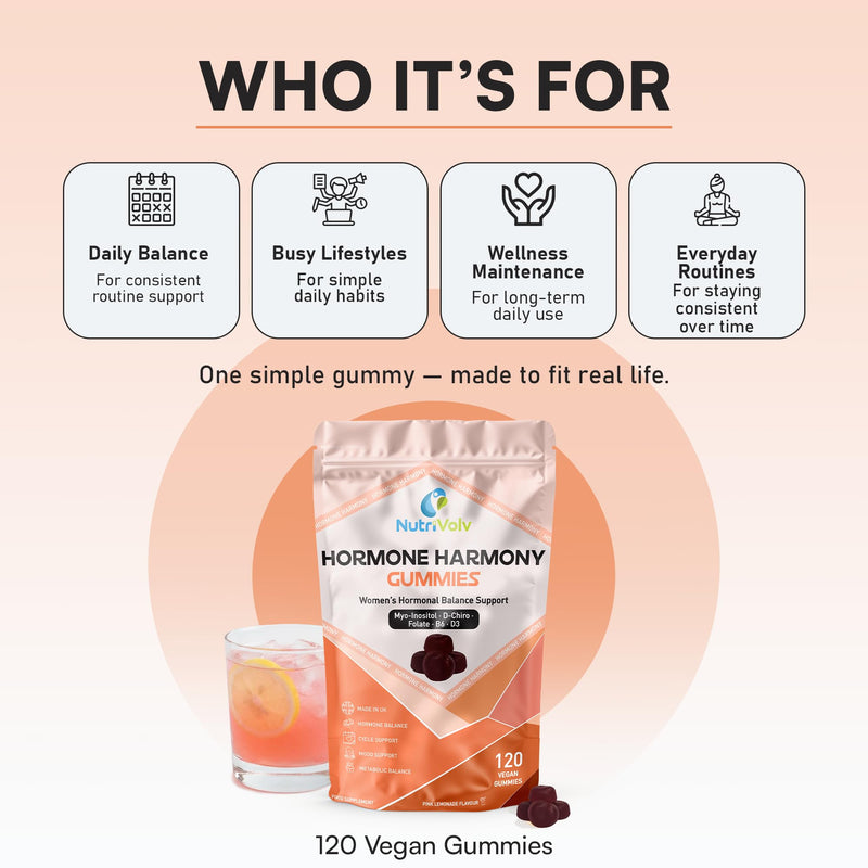 Hormone Harmony Gummies | 120 Vegan Gummies | Myo & D-Chiro Inositol 2100mg, D3, 5-MTHF Folate, P-5-P B6 & Chromium | Mood, Cycle & Hormonal Support for Women | Pink Lemonade | UK Made | by NutriVolv