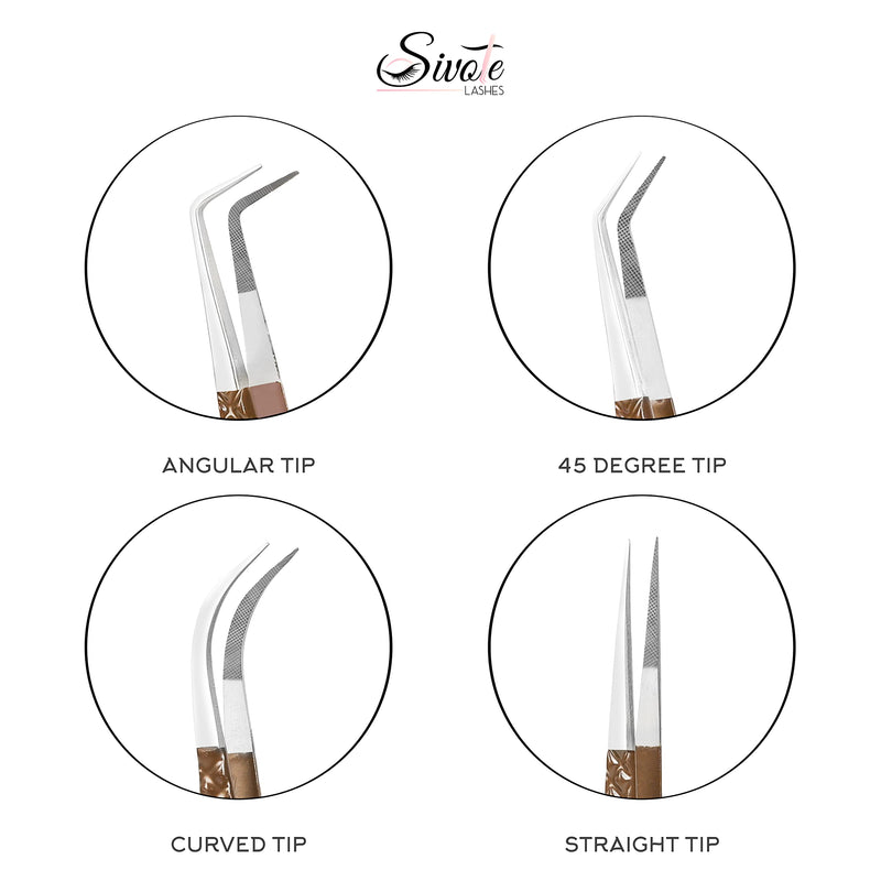 SIVOTE Lash Extension Tweezers Fiber Tips, Set of 4, Curved, Dolphin, 90 Degree & 45 Degree Tweezer, Chocolate Choco