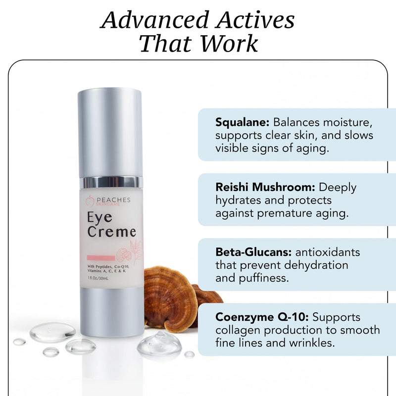 Peaches Skin Care Eye Crème - Vegan Under Eye Cream with Peptides, 1 oz | Vegan under eye cream with peptides, CoQ10, squalene, vitamins and reishi for a smoother, refreshed-looking eye area.