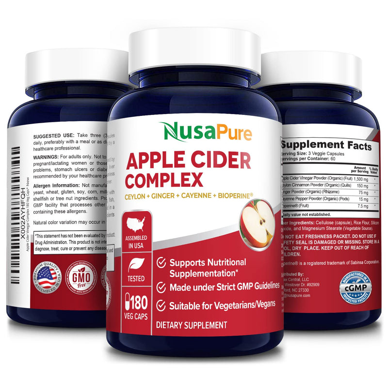 [Australia] - NusaPure Apple Cider Vinegar complex - 180 Veggie Caps - Organic ACV, Ceylon Cinnamon, Organic Ginger, Bioperine & Organic Cayenne Pepper 