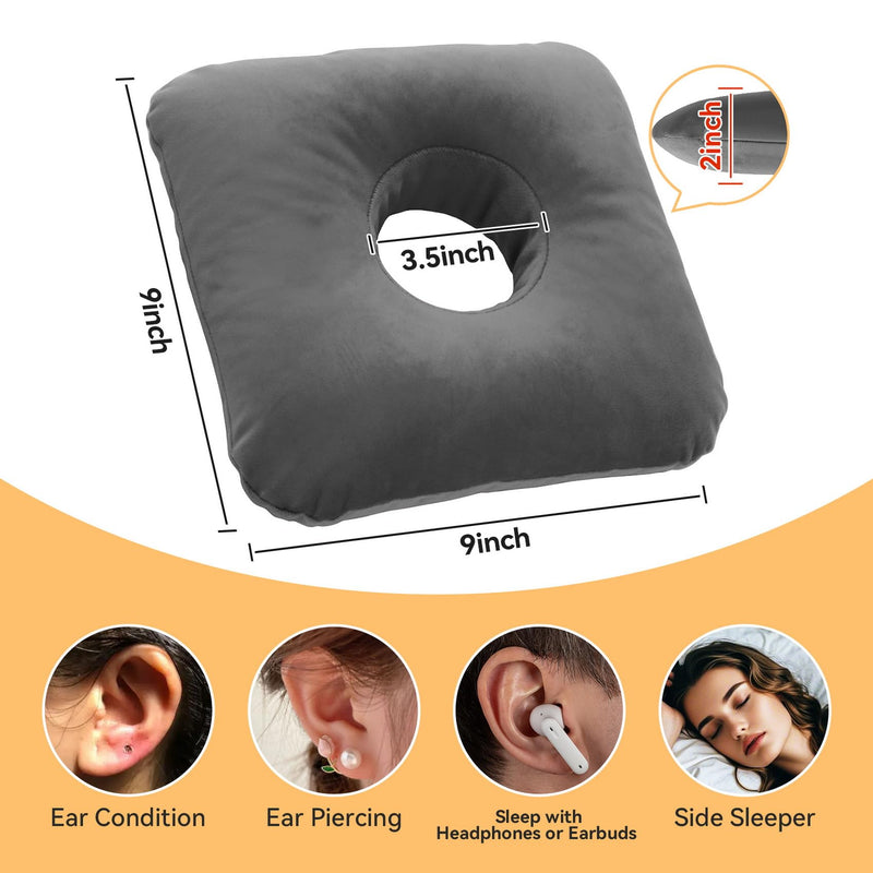 Ear Piercing Pillow for Side Sleepers with Ear Inflammation & Pressure, Soft Velvet Adjustable Ear Guard Pillow with Removable & Washable Cover (Dark Gray, Pillow & Cover) Dark Gray