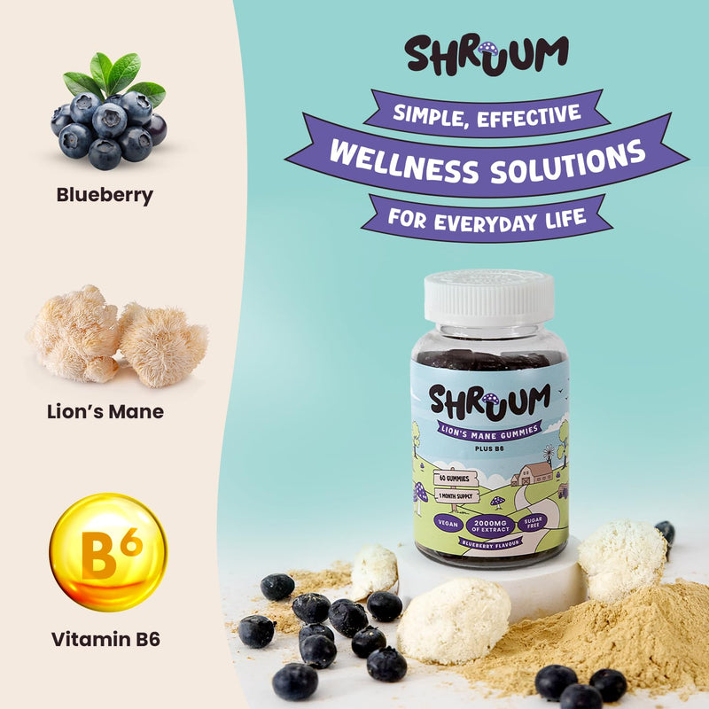 SHRUUM Lions Mane Gummies 2000mg - Mushroom Gummies for Focus & Clarity Without Caffeine - Sugar Free, Vegan, with Vitamin B6 - Blueberry - 60 Gummies (30 Day Supply)