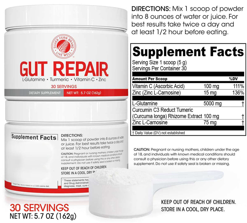 [Australia] - Silver Fern Gut Repair - Digestive Health Supplement Powder - L-Glutamine, Curcumin, Zinc & Ascorbic Acid (1 Tub - 30 Servings) 5.7 Ounce (Pack of 1) 