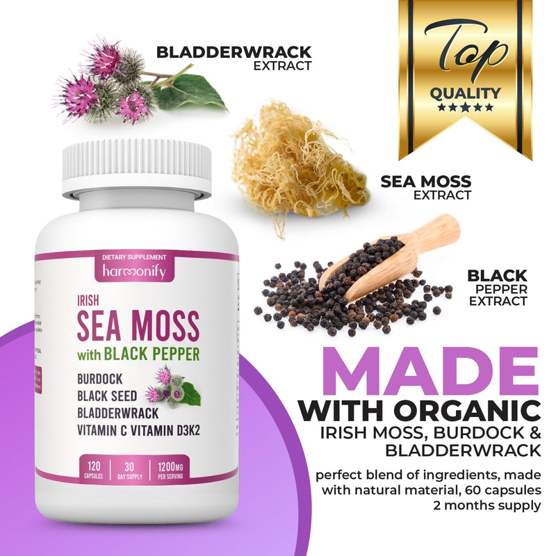 Premium Sea Moss & Black Seed Complex Capsules – Advanced Botanical & Multimineral Blend with Bladderwrack, Burdock Root, Ashwagandha, Turmeric, Vitamin D3 & K2 – 120 Vegan Capsules