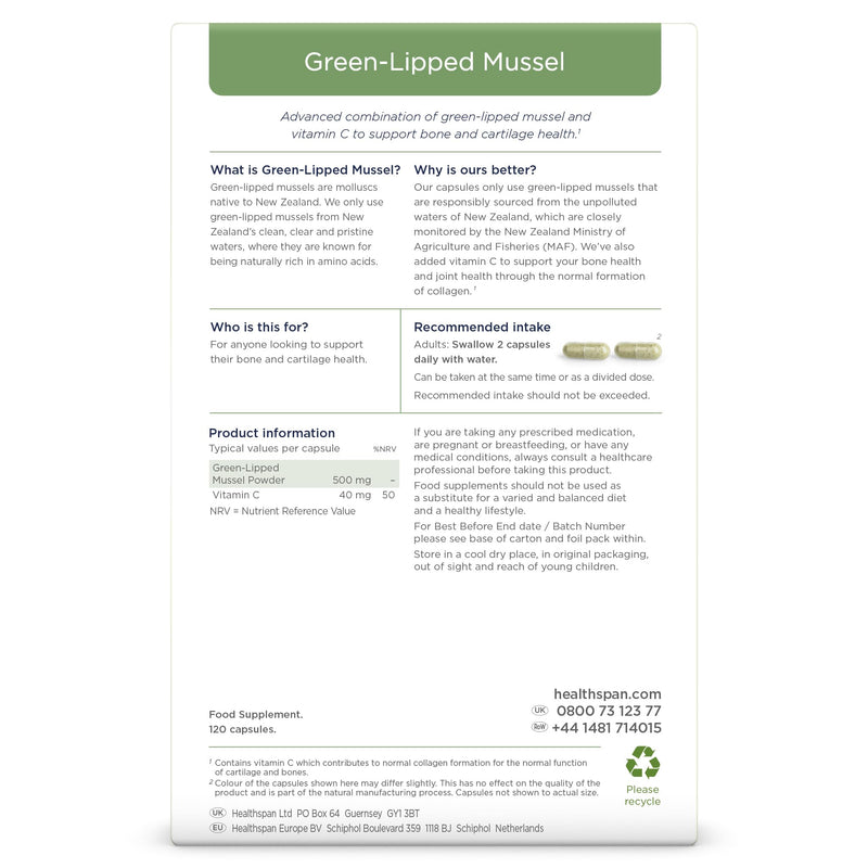 Healthspan Green Lipped Mussel (120 Capsules) | for Bone & Cartilage Support | Added Vitamin C | 500mg Responsibly Sourced New Zealand Green Lipped Mussel Powder