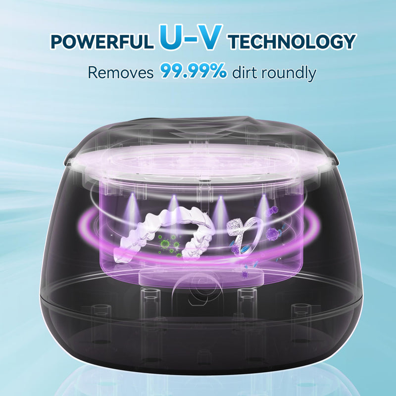 [Australia] - KUNPHY Ultrasonic Retainer Cleaner, 48kHz Denture Cleaner Machine with Cleaning Tablets, Water-Proof Dental Cleaning Pod for Deep Cleaning Night Guard, Mouth Guard, Aligner, Jewelry, Black 